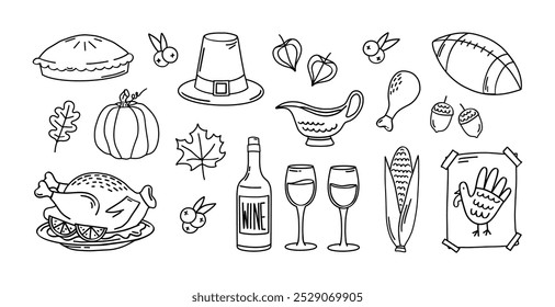 Thanksgiving day vector line elements. Hand drawn Thanksgiving big set. Doodle traditional food, pumpkin, pie, turkey, wine, corn, cranberry sauce and american football ball, pilgrim hat, leaves