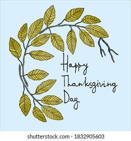 Thanksgiving Day Vector Logo. Greeting Card, Social Media Post Design Template. Hand Lettering Decorated With Hand Drawn Elm Tree Branch