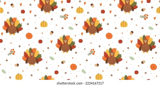 Thanksgiving day vector pattern with turkey, pumpkins illustration, fall leaves hand drawn in cute cartoon style. Autumn Thanksgiving seamless pattern, repeated background for dinner party.