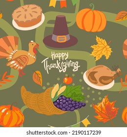 Thanksgiving Day. Vector seamless pattern. Traditional Thanksgiving items.