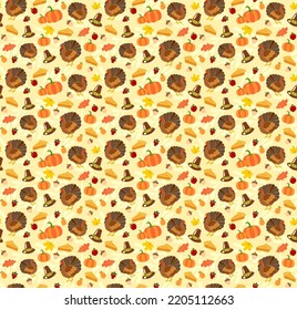 Thanksgiving day vector seamless pattern for any purpose. Autumn background turkey, pumpkin, berries, leaves, fruits, pie, holiday hat.