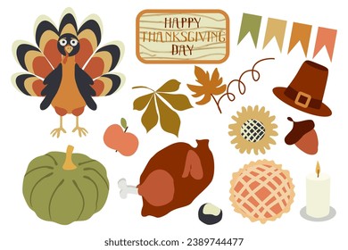 Thanksgiving day Vector set of autumn elements with roast turkey, cartoon pumpkin, food, corn, wine, candles, pilgrim hat, pie. Happy Thanksgiving day. Harvest festival. Autumn greeting card design