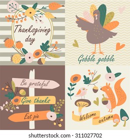 Thanksgiving day in vector set with autumn flowers, leaves, nuts, turkey, forest in cartoon style