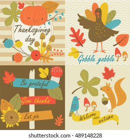 Thanksgiving day in vector set with autumn flowers, leaves, nuts, turkey, forest in cartoon style