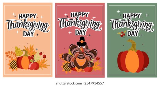 Thanksgiving Day vector set of greeting cards. Hand drawn illustration.