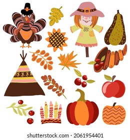 Thanksgiving Day vector set with turkey, pumpkins, fall leaves, berries,scarecrow, wigwam, indian decoration. Holiday flat collection for greeting card, banners, posters, web design.