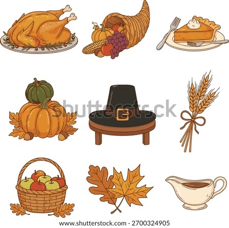 Thanksgiving Day Vector Set – Turkey, Pumpkin, Pie, Cornucopia, Autumn Leaves, and Harvest Elements