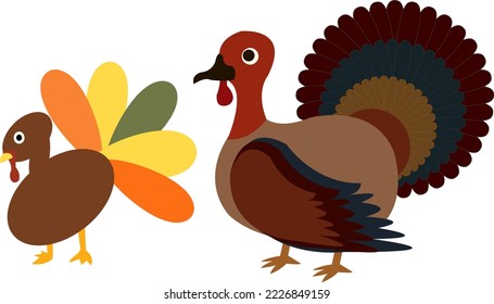 Thanksgiving day vector with two Turkey hen. Thanksgiving festival Eastern wild turkeys, Pilgrim Turkey Thanksgiving bird animal cartoon character.