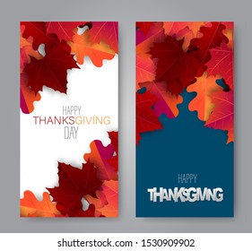 Thanksgiving day vertical banner or flyer. Realistic vector illustration with red and orange autumn leaves. Design for advertisement, invitation card, offer, discount. USA national holiday event decor