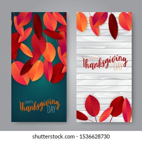 Thanksgiving day vertical banner or flyer. Realistic vector illustration with red and orange autumn leaves. Design for advertisement, invitation card, offer, discount. USA national holiday event decor