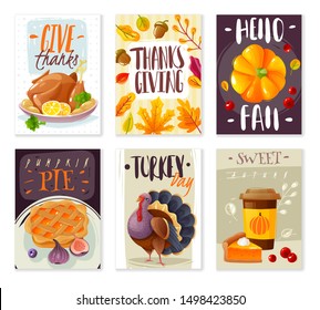 Thanksgiving day vertical card posters set. Cartoon style isolated objects autumn family holiday tradition. Vector
