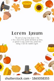 Thanksgiving day - vertical card with text and vector color illustrations of pumpkin, turkey, apple, pie, hat, wine and honey for graphic design