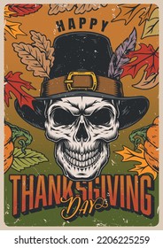 Thanksgiving day vintage colorful flyer dead man head in hat with feather and leaves wishes happy autumn party vector illustration