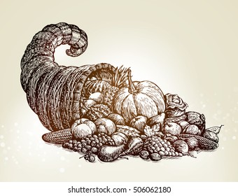 Thanksgiving day. Vintage cornucopia sketch vector illustration