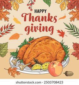 Thanksgiving day vintage flyer colorful with classic roast turkey stuffed with apples near autumn leaves vector illustration