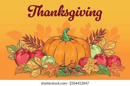 Thanksgiving day vintage flyer colorful with pumpkin and apples near autumn leaves for holiday scene design vector illustration