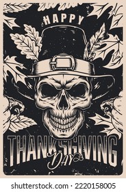 Thanksgiving Day vintage flyer monochrome dead man head in hat for celebration autumn festival and end harvest vector illustration