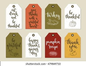 Thanksgiving day vintage gift tags and cards with calligraphy. Handwritten lettering. Hand drawn design elements. Printable items 