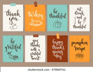 Thanksgiving day vintage gift tags and cards with calligraphy. Handwritten lettering. Hand drawn design elements. Printable items 