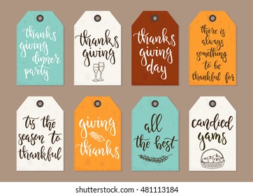 Thanksgiving day vintage gift tags and cards with calligraphy. Handwritten lettering. Hand drawn design elements. Printable items 