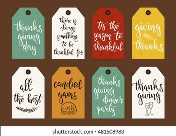 Thanksgiving day vintage gift tags and cards with calligraphy. Handwritten lettering. Hand drawn design elements. Printable items 