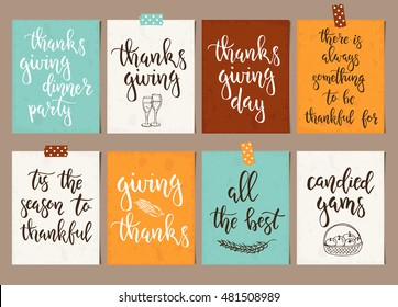 Thanksgiving day vintage gift tags and cards with calligraphy. Handwritten lettering. Hand drawn design elements. Printable items 