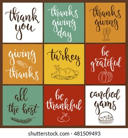 Thanksgiving day vintage gift tags and cards with calligraphy. Handwritten lettering. Hand drawn design elements. Printable items 