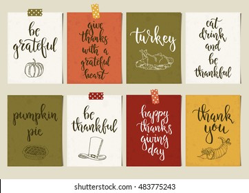 Thanksgiving day vintage gift tags and cards with calligraphy. Handwritten lettering. Hand drawn design elements. Printable items 