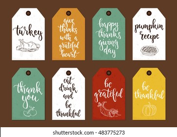 Thanksgiving day vintage gift tags and cards with calligraphy. Handwritten lettering. Hand drawn design elements. Printable items 