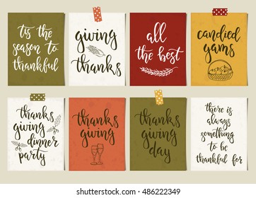 Thanksgiving day vintage gift tags and cards with calligraphy. Handwritten lettering. Hand drawn design elements. Printable items 