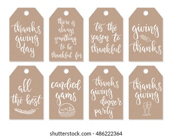 Thanksgiving day vintage gift tags and cards with calligraphy. Handwritten lettering. Hand drawn design elements. Printable items 