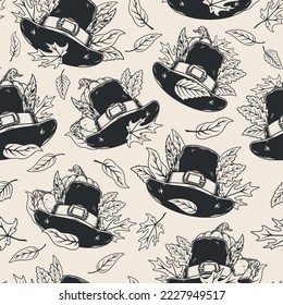 Thanksgiving Day vintage monochrome pattern seamless pumpkins and hats with autumn tree leaves for harvest holiday decorations vector illustration
