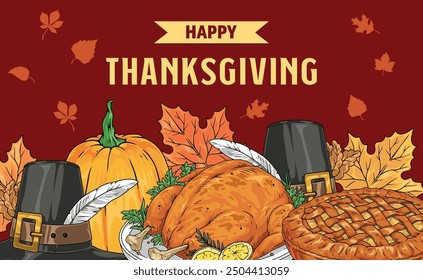 Thanksgiving day vintage poster colorful with roast turkey and pie near pilgrim hats with big pumpkin vector illustration