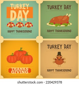 Thanksgiving Day. Vintage Posters Set with Cartoon Turkey. Vector Illustration.