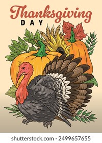 Thanksgiving day vintage sticker colorful with turkey and pumpkins near autumn leaves on holiday poster vector illustration