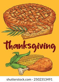 Thanksgiving day vintage sticker colorful with pumpkin pie and roast turkey leg for fun family celebration vector illustration