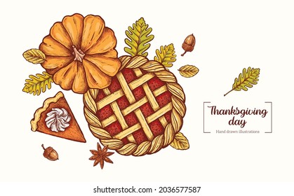 Thanksgiving Day in vintage style. Autumn harvest, pumpkin, pumpkin pie, acorn, autumn leaves. Color Vector Hand Drawn. Line art. Sketch Illustration. Engraved illustration.