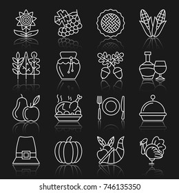Thanksgiving day white thin line with reflection icon set Season holiday vector isolated linear symbol pack. Outline sign Simple pictogram graphic collection Web, print, logo, poster, tag, card design