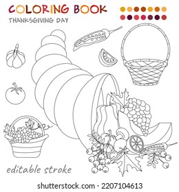 Thanksgiving Day. Wicker baskets and a full cornucopia. Coloring template for children and adults. For relaxation and rest.
