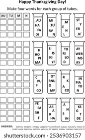 Juego de palabras del Día de Acción de Gracias: Componga cuatro palabras para cada grupo de tubos de ensayo tomando una letra o combinación de letras de cada tubo. Respuesta incluida.
