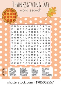 Thanksgiving Day word search puzzle. Logic game for learning English words. Holiday festive crossword. Printable activity sheet. Vector illustration. Worksheet about autumn 