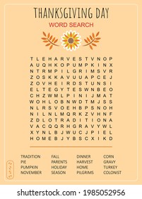 Thanksgiving Day word search puzzle. Logic game for learning English words. Holiday festive crossword. Printable activity sheet. Vector illustration. Worksheet about autumn 