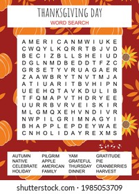 Thanksgiving Day word search puzzle. Logic game for learning English words. Holiday festive crossword. Printable activity sheet. Vector illustration. Worksheet about autumn 