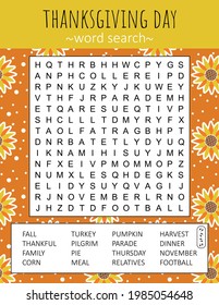 Thanksgiving Day word search puzzle. Logic game for learning English words. Holiday festive crossword. Printable activity sheet. Vector illustration. Worksheet about autumn 