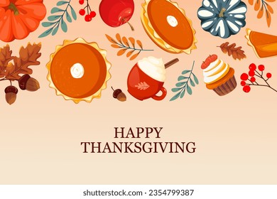 Thanksgiving day.Background with pumpkin pie, acorns, pumpkins, autumn leaves.Web banner.Vector illustration.