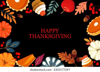 Thanksgiving day.Background with pumpkin pie, acorns, pumpkins, autumn leaves.Web banner.Vector illustration.