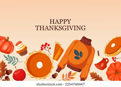 Thanksgiving day.Background with pumpkin pie, sweater, pumpkins, autumn leaves.Web banner.Vector illustration.