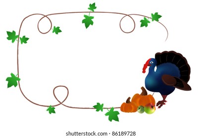Thanksgiving day's frame with turkey, pumpkins and green rod
