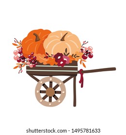 Thanksgiving decoration clipart with waggon, pumpkins, fall leaves, berries and flowers. Floral autumn arrangement with wagon to create cards, party invitations, banners, covers. Hand drawn vector art