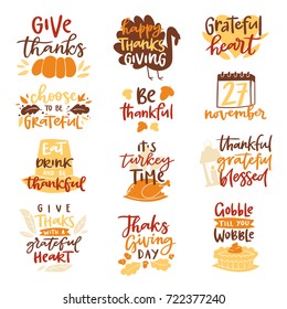 Thanksgiving decoration lettering invintation logo badge design harvest november celebrate background vector illustration